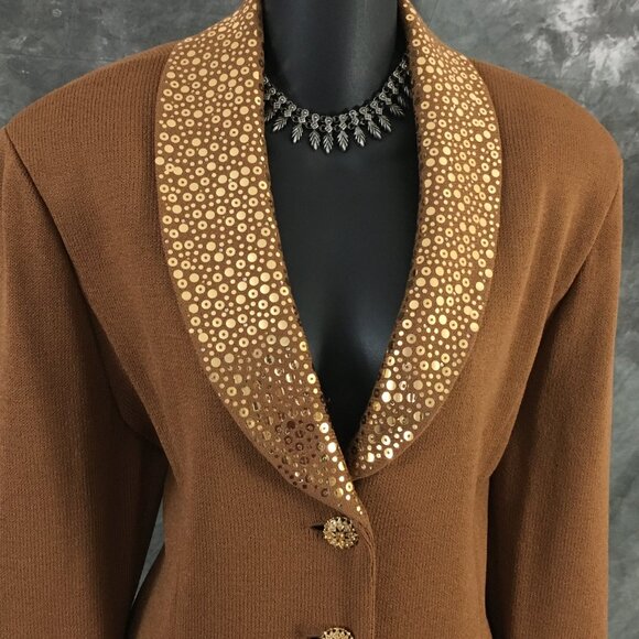 BEAUTUFUL st john evening knit brown embellished skirt suit 16 - Picture 5 of 10